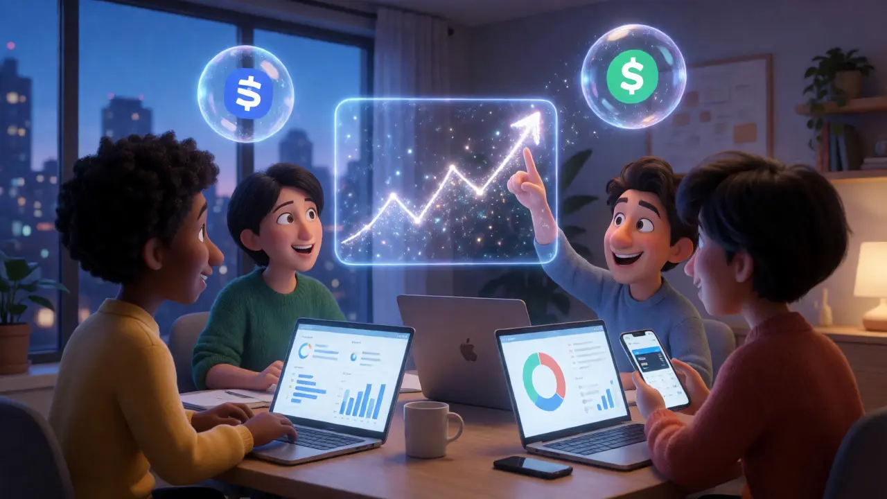 Friends analyzing crypto charts on a home computer