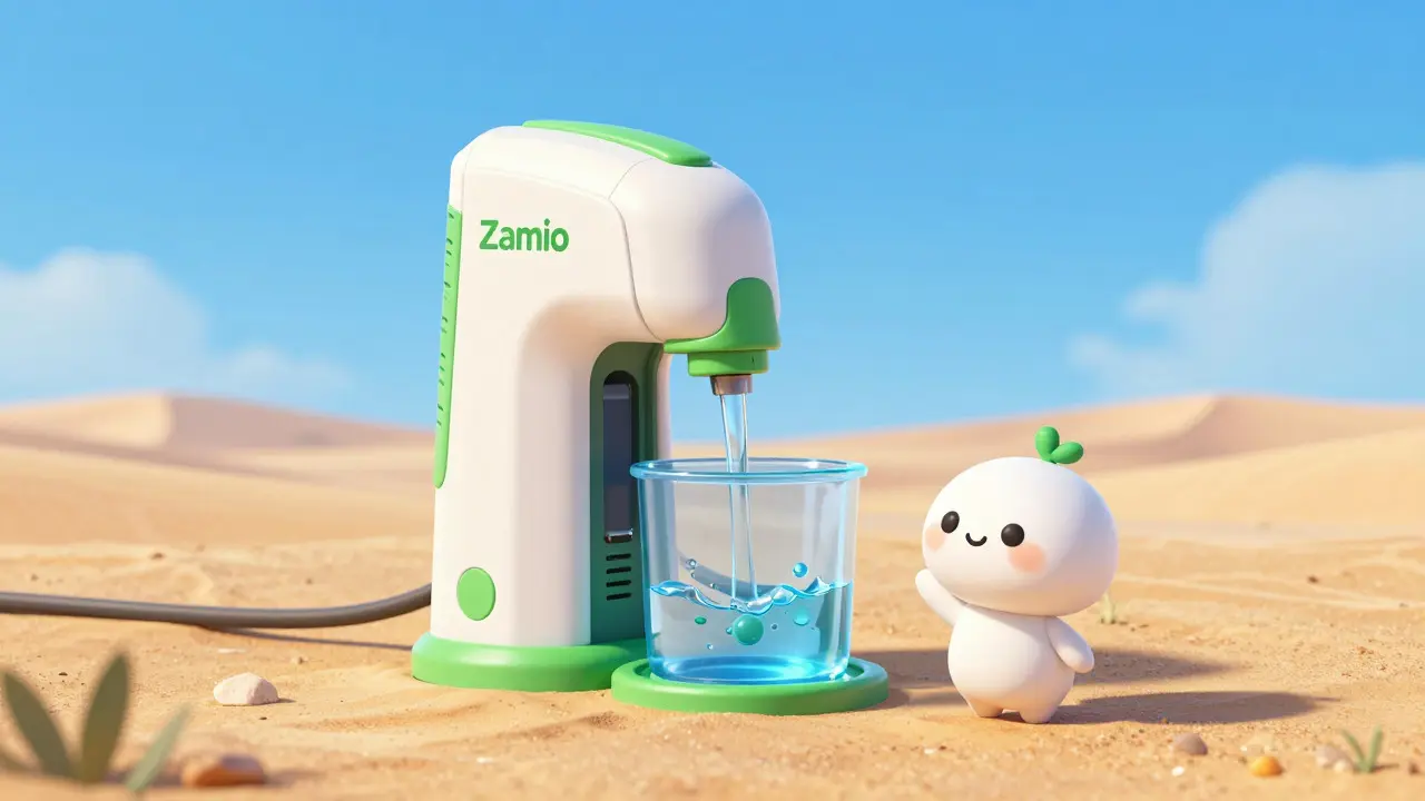 High-tech water pump in desert aiding charity, watched by cute mascot