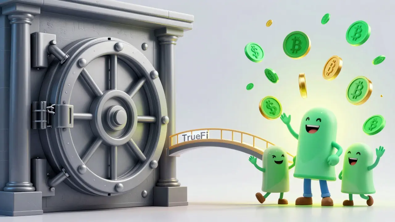 Illustration comparing locked traditional banking with open DeFi lending