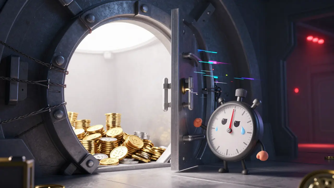 Illustration of a stuck vault door with coins inside and an anxious character waiting