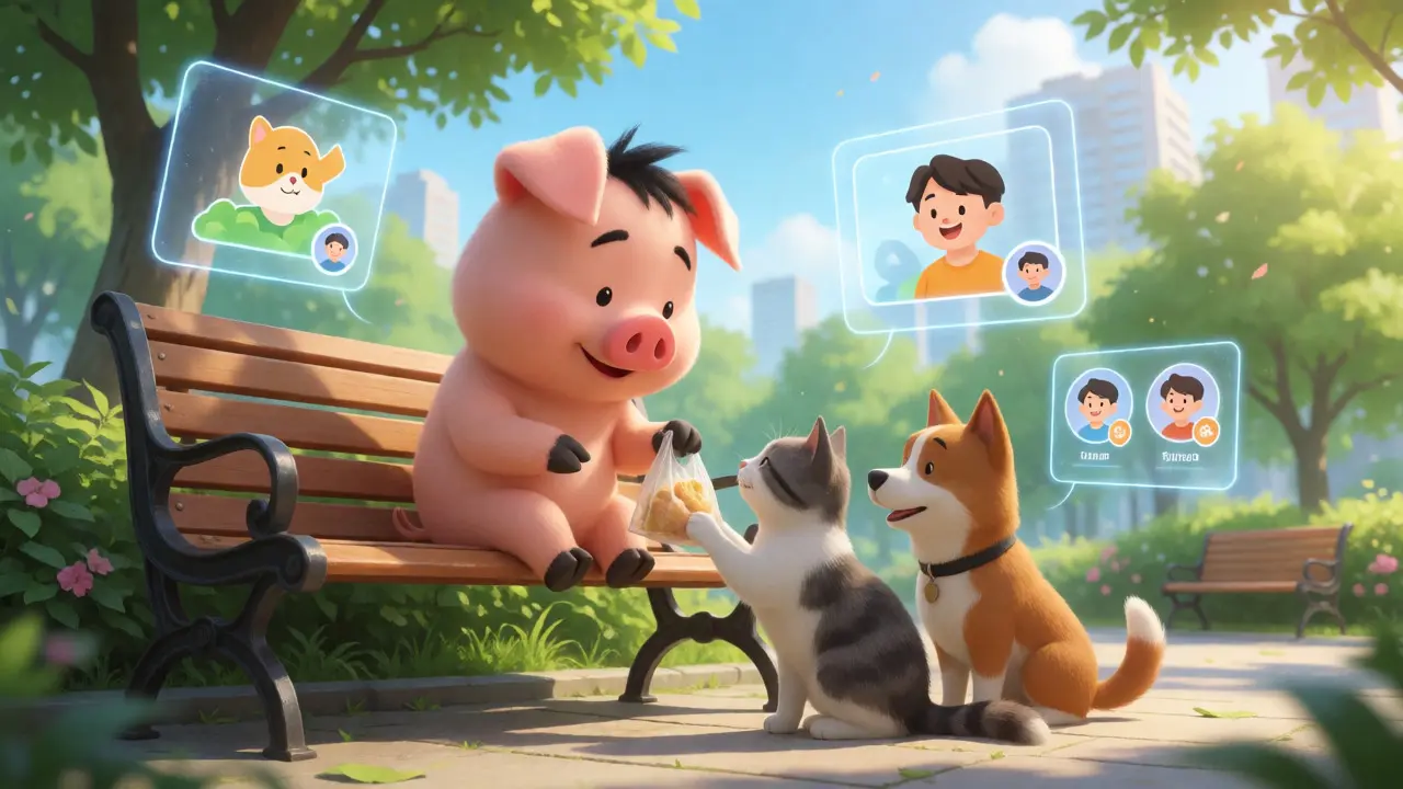 McDull feeding animals in a park with holographic gaming icons nearby.