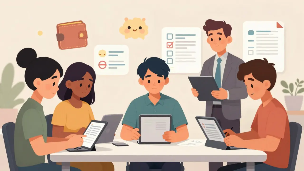People consulting a tax advisor with digital compliance tools in a bright room