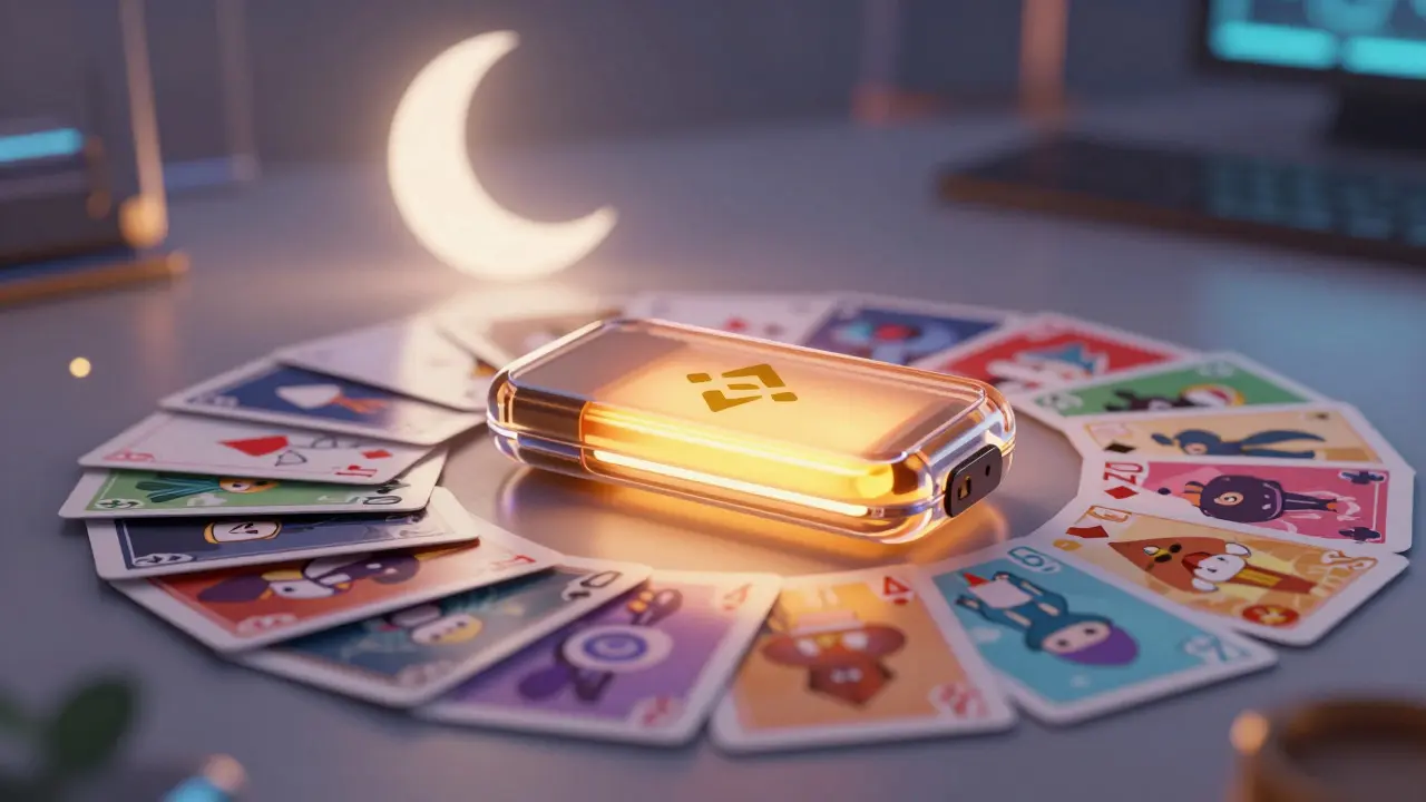 Sleek digital wallet with glowing NFT cards fanned out on a table