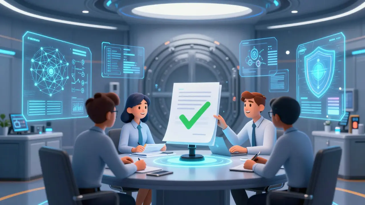 Team securing a digital vault with holographic compliance data