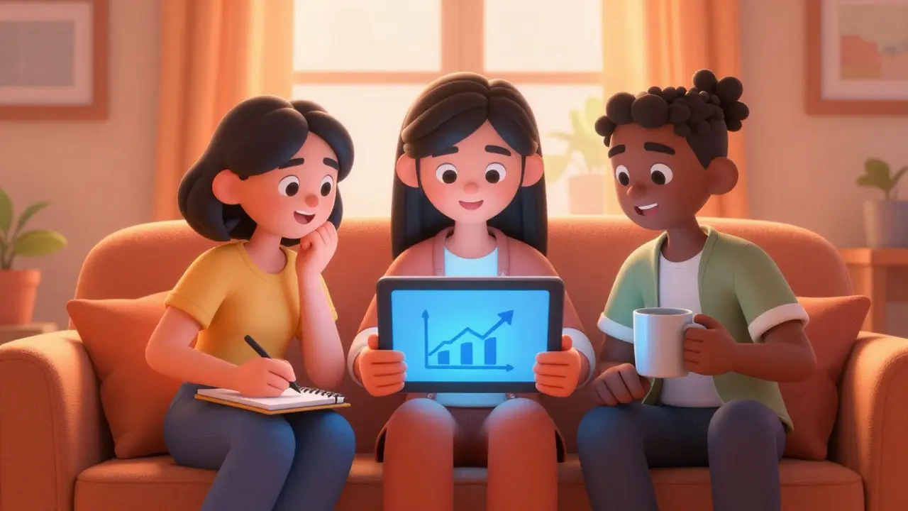 Three friends learning about investing together on a tablet in a living room