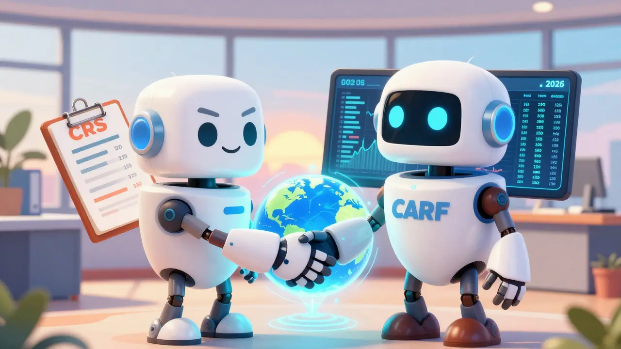 Two robots representing tax frameworks shaking hands over a holographic globe