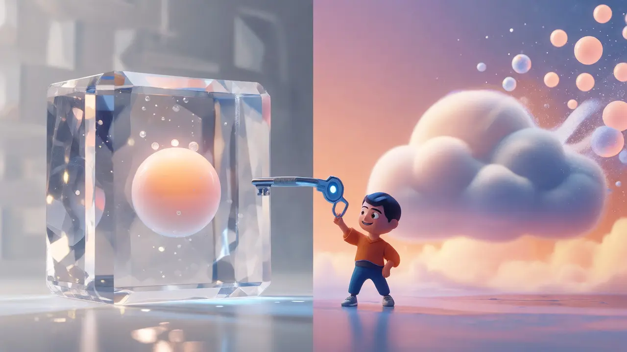 A character unlocking a crystal blockchain block while clouds dissolve data, illustrating deletion protocols.