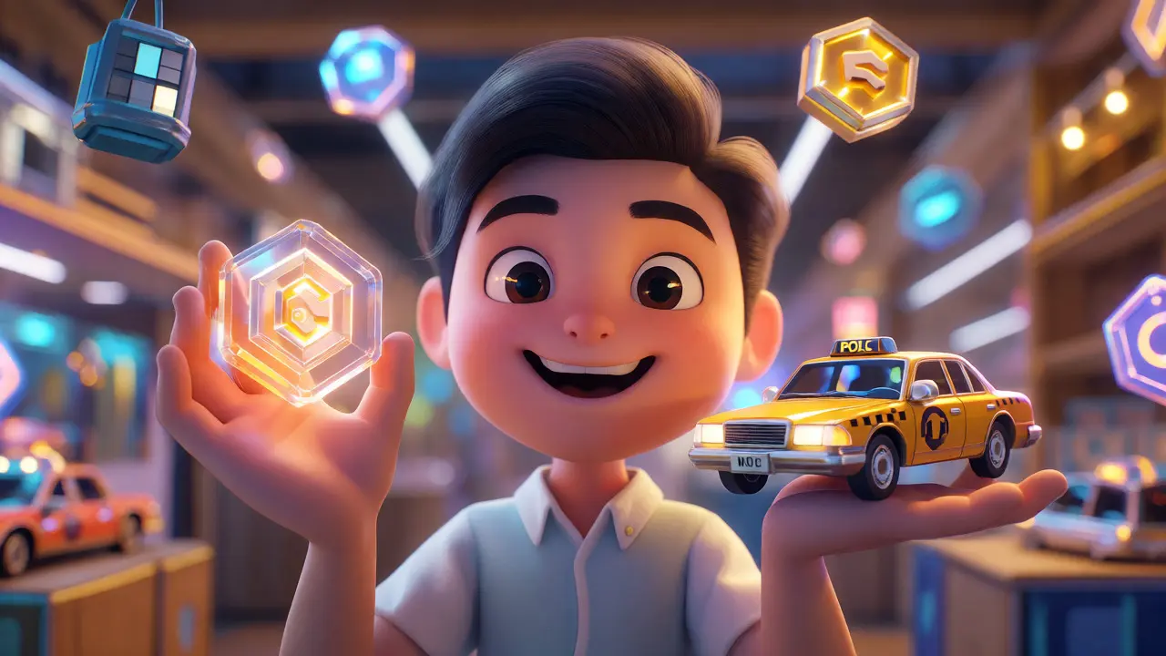 A cute character holding a glowing crypto coin and a miniature NFT taxi.