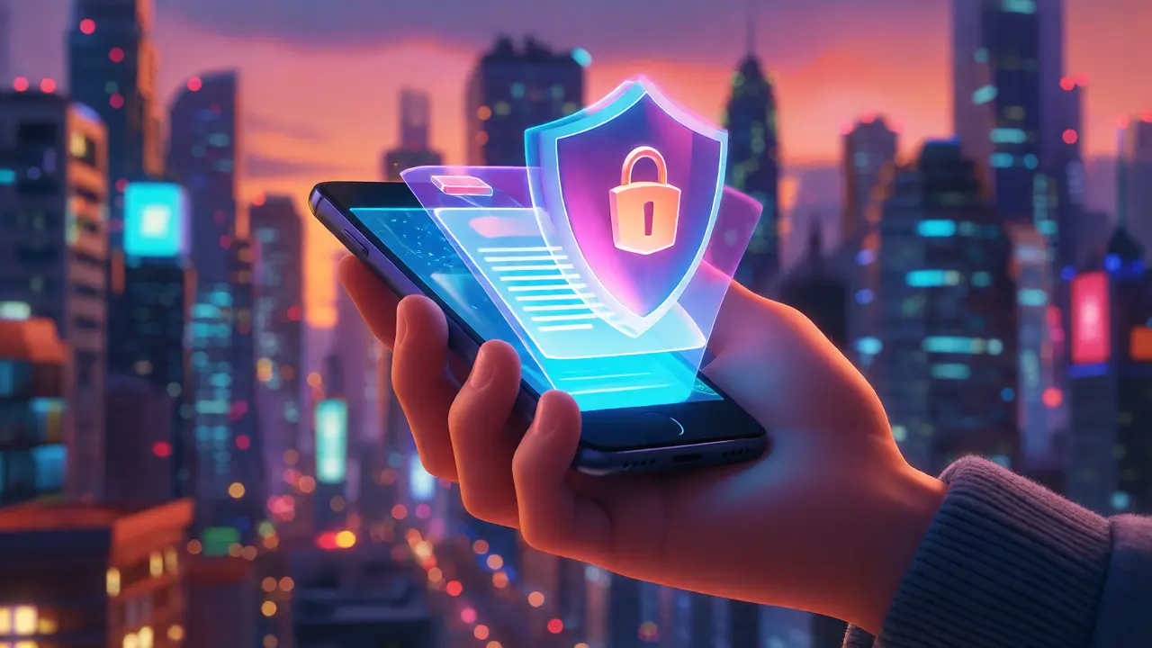 A hand projecting a secure shield over a digital document.
