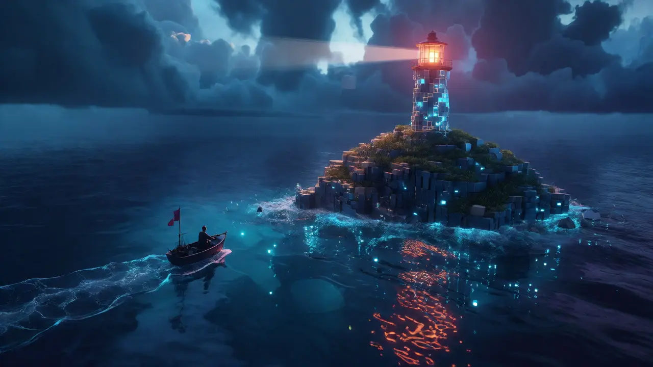A lighthouse on a digital island shining over a dark ocean, symbolizing hope.