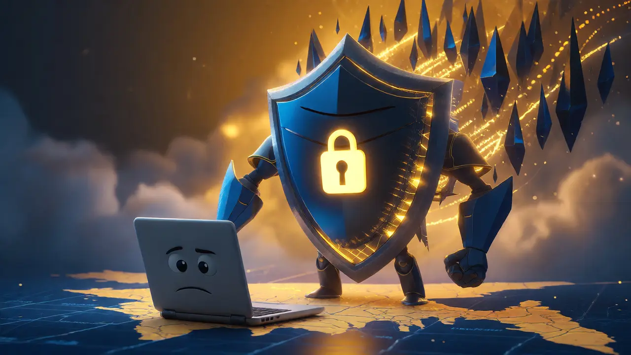 A protective shield blocking surveillance threats from reaching a laptop user.