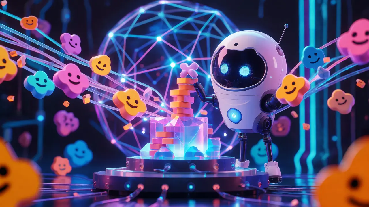 A robot validator securing a network by stacking colorful meme tokens in a futuristic hub.