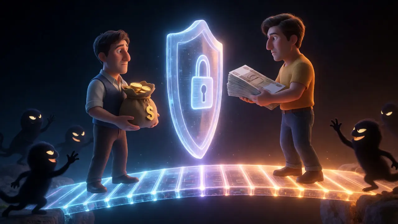 A seller and buyer exchange funds across a protected digital bridge against scam threats.