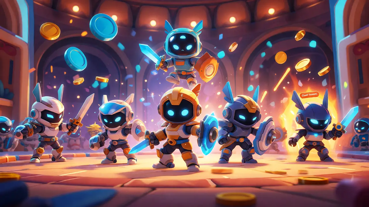 Adorable robot heroes battling in a colorful arena with floating gold coins.