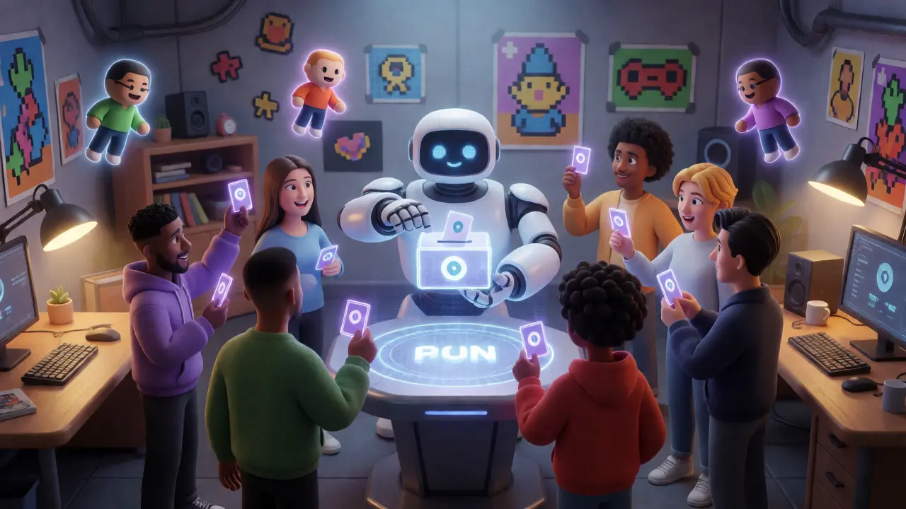 Animated avatars voting on game updates using MCHC tokens in a futuristic holographic studio.