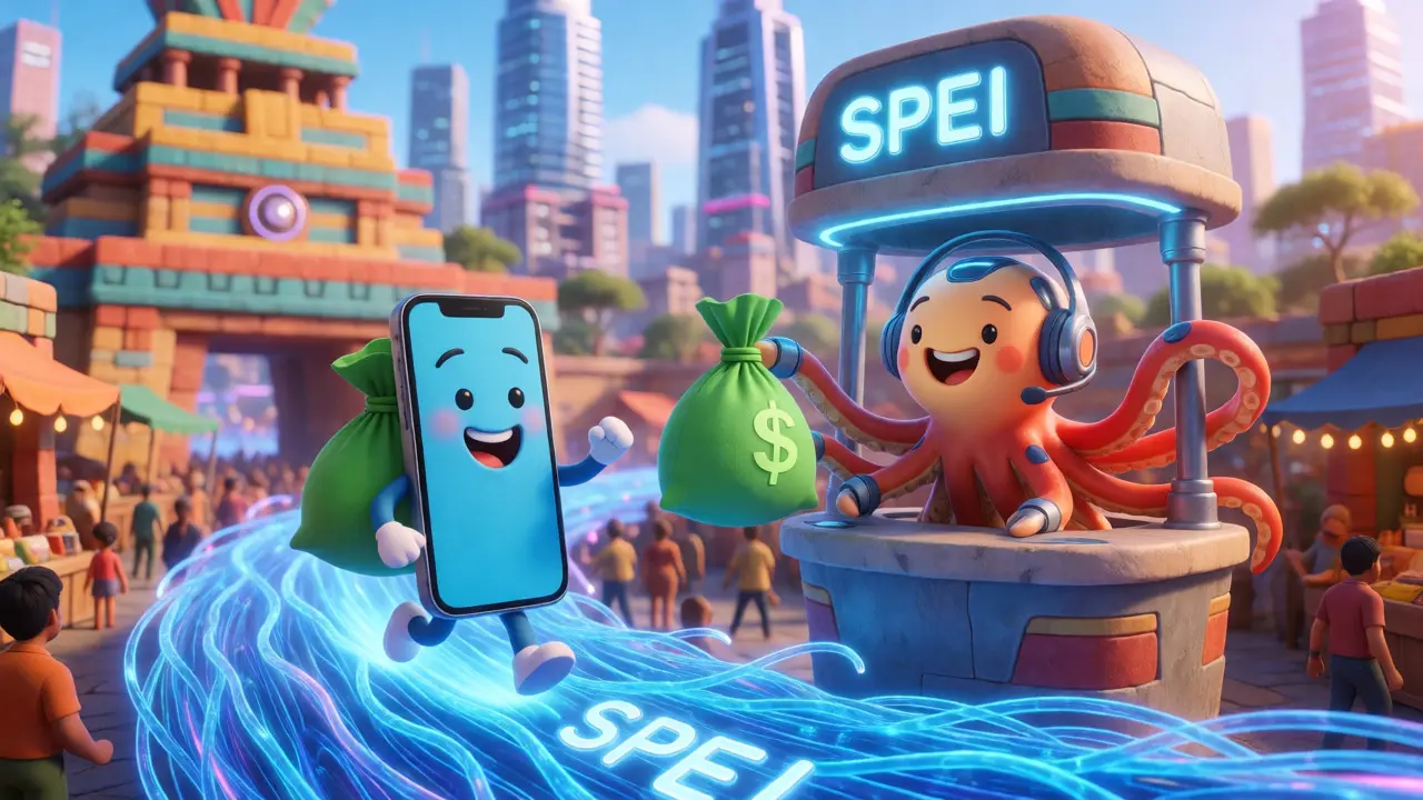 Animated smartphone carrying pesos along a digital highway to a friendly exchange robot.