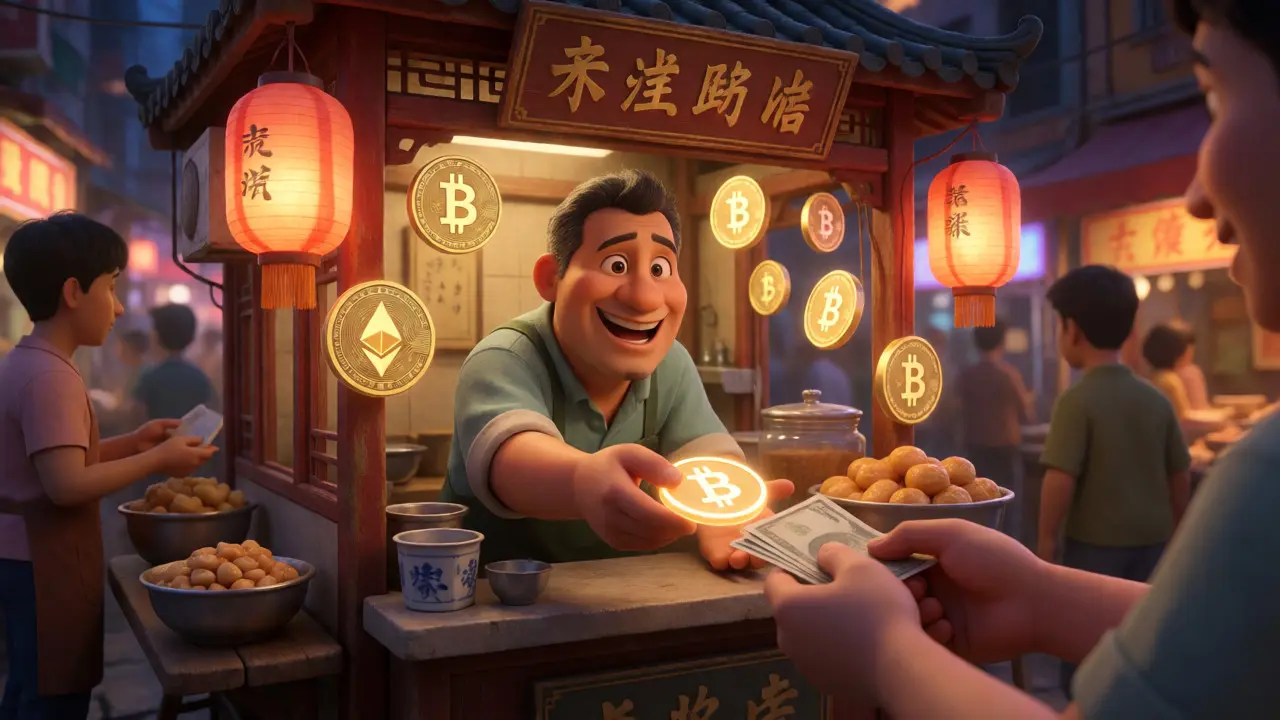 Animated vendor exchanging cash for digital tokens in HK market