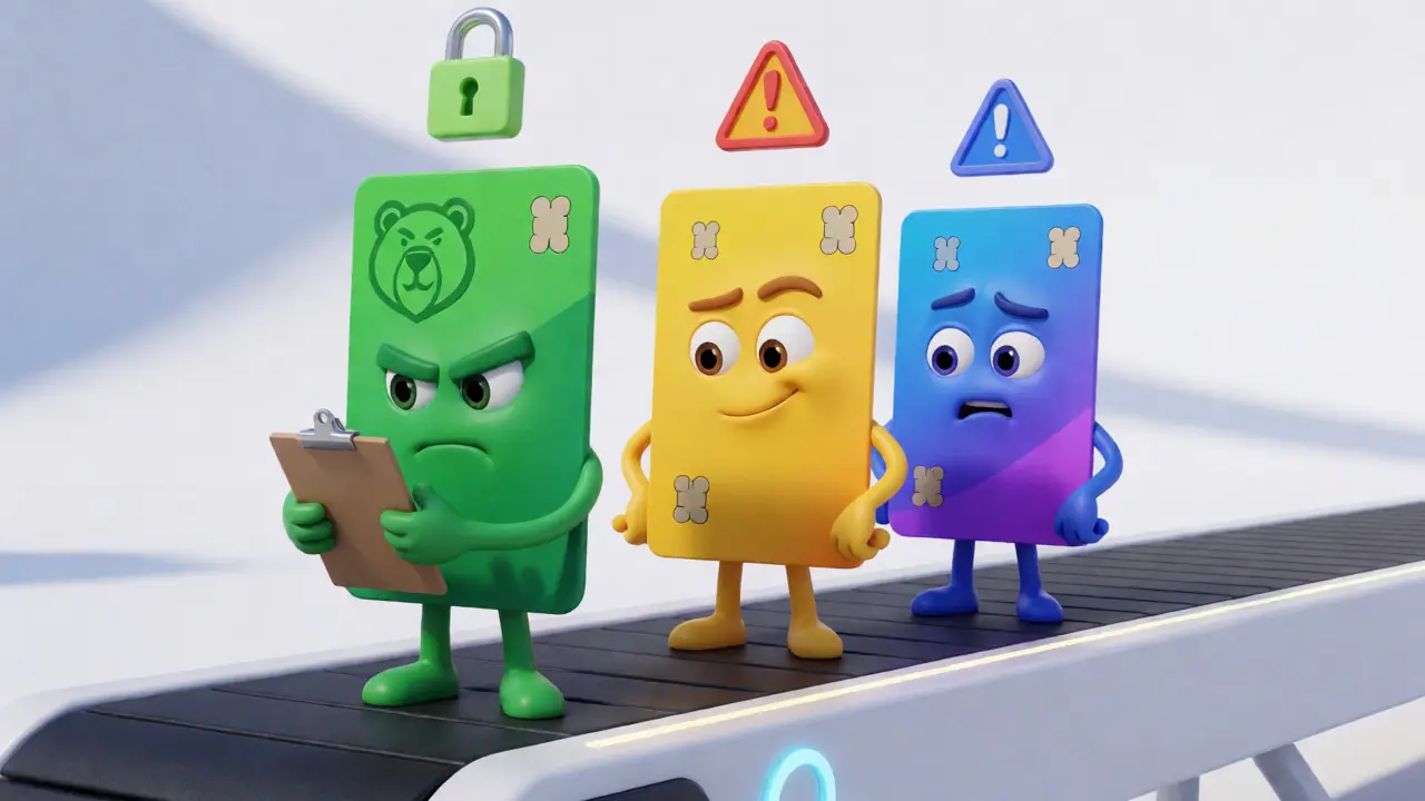 Anthropomorphic bank cards represent color-coded payment methods and compliance risks.