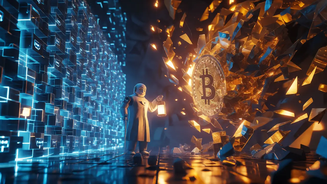 Blue digital wall representing state control blocking chaotic golden crypto shards