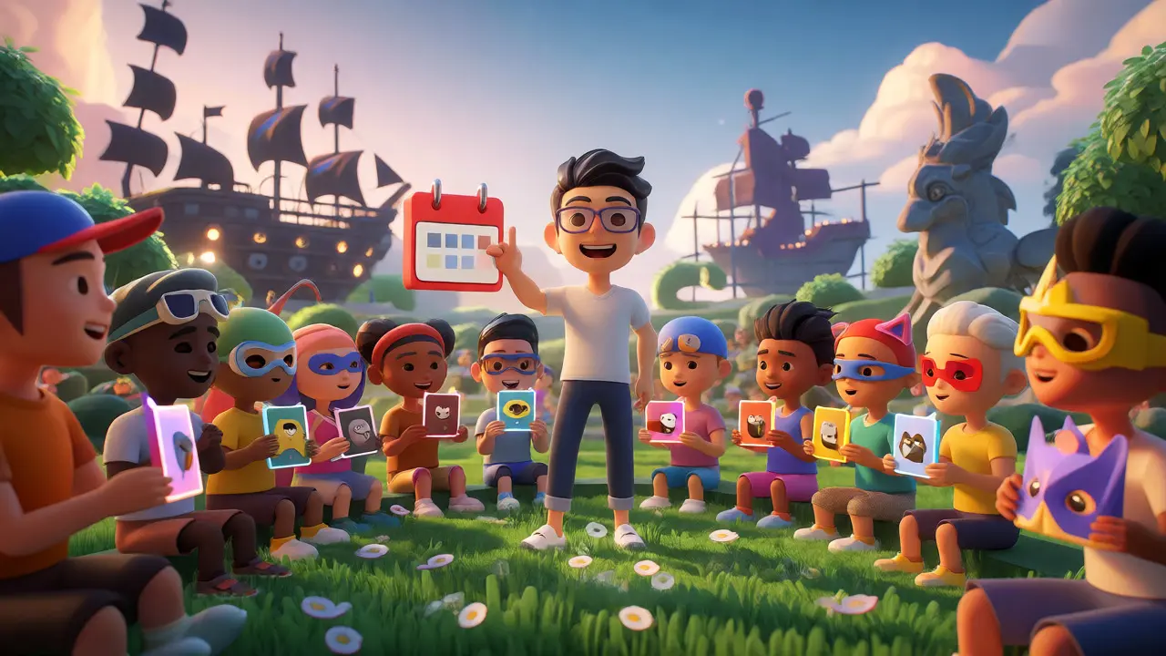 Cartoon avatars celebrating NFT claims in a virtual park with future game hints.