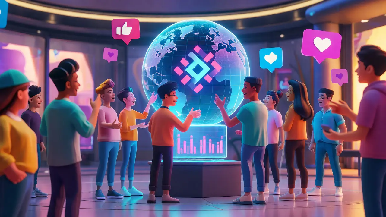 Cartoon avatars gathering around a holographic globe in a vibrant digital plaza