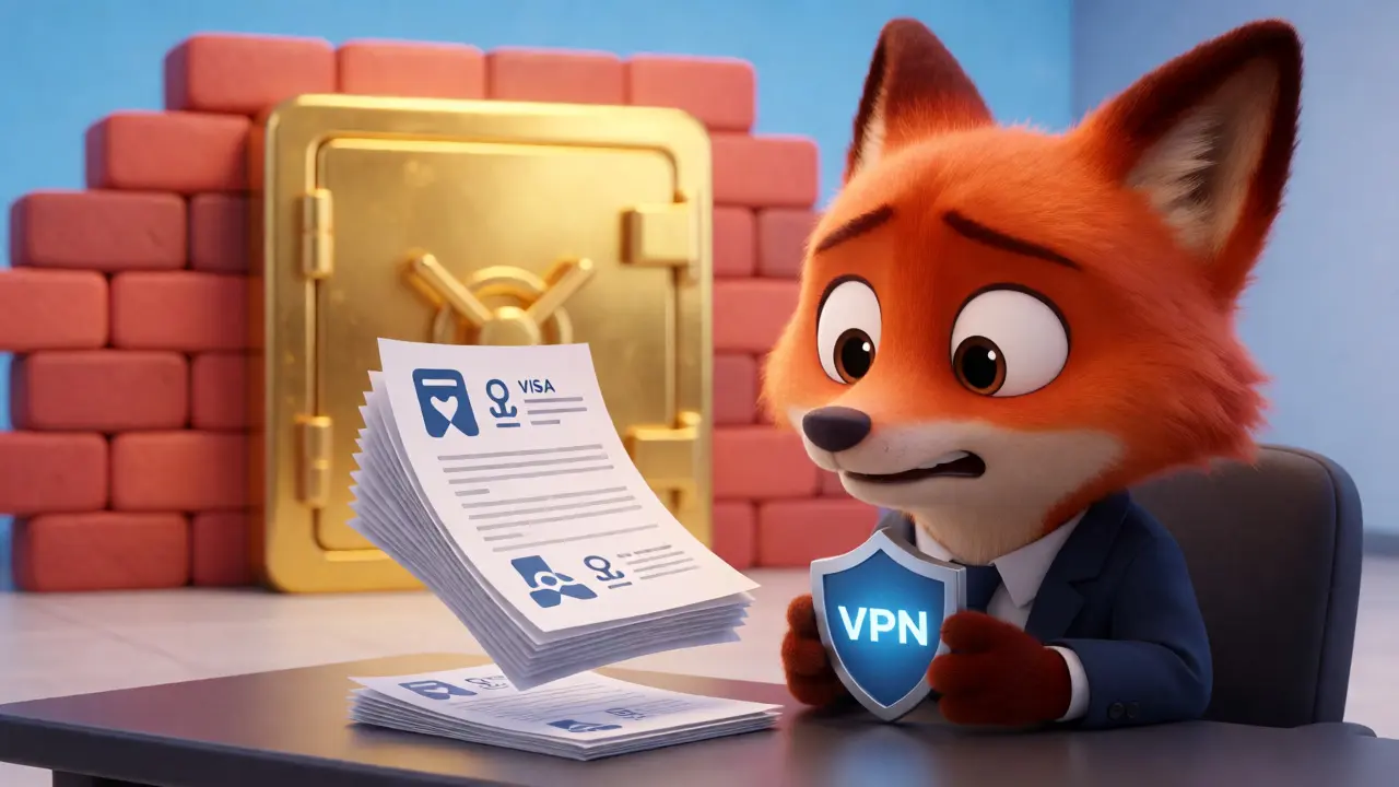 Cartoon fox struggling with KYC documents and firewall barriers