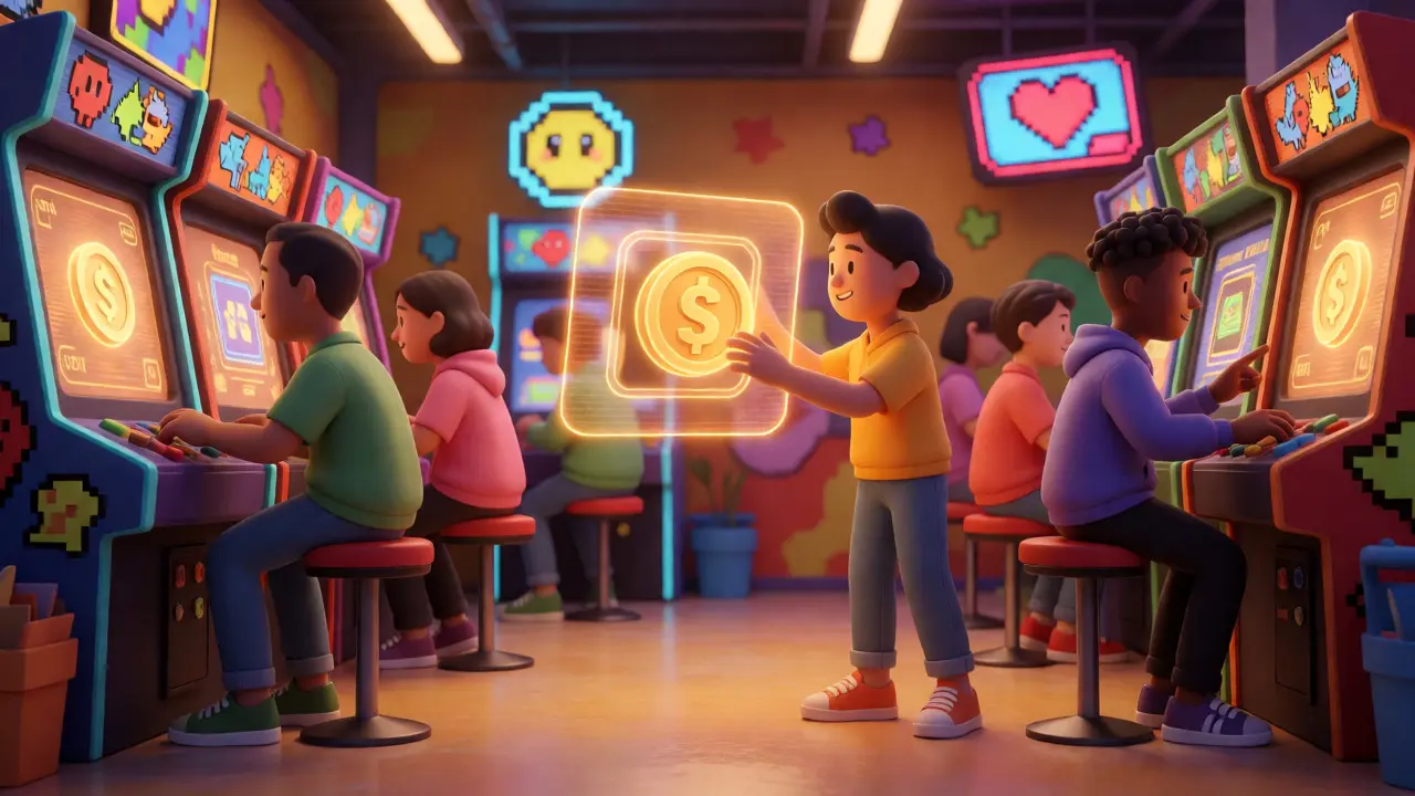 Cartoon gamers interacting with holographic staking and quest interfaces in an arcade