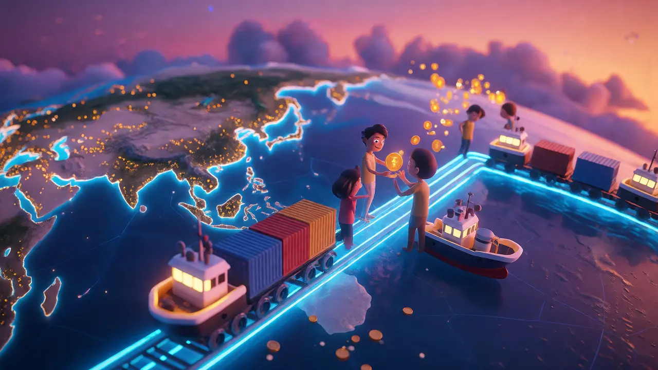 Cartoon ships and trains moving along glowing digital trade routes across a globe