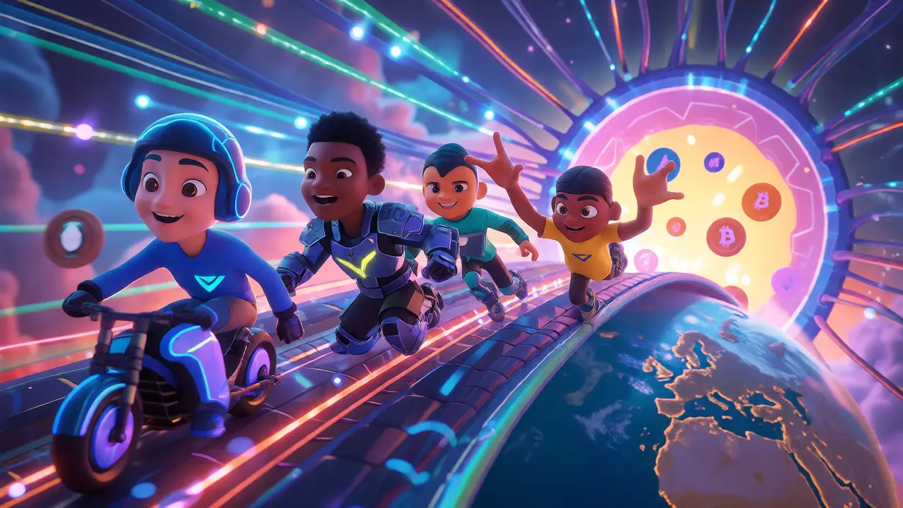 Cartoon VPN characters racing along a digital highway toward a crypto gateway.