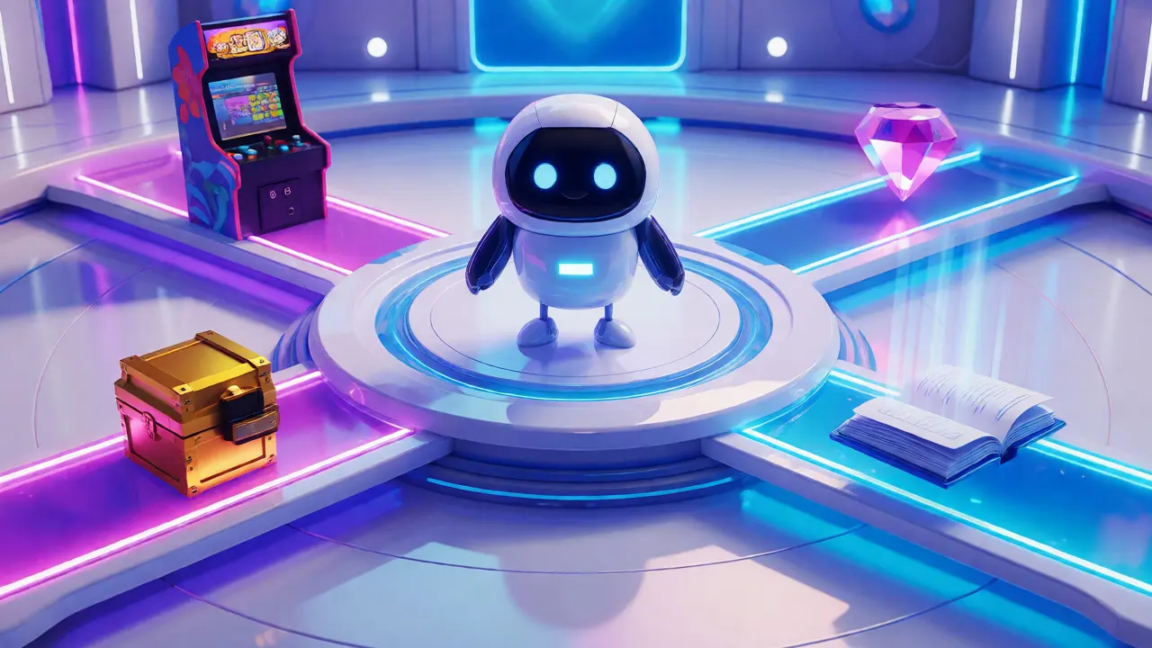 Central mascot connecting wallet, gaming, NFT, and education pillars