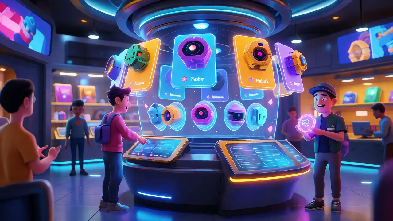 Characters browsing colorful NFT digital miners in a futuristic virtual marketplace