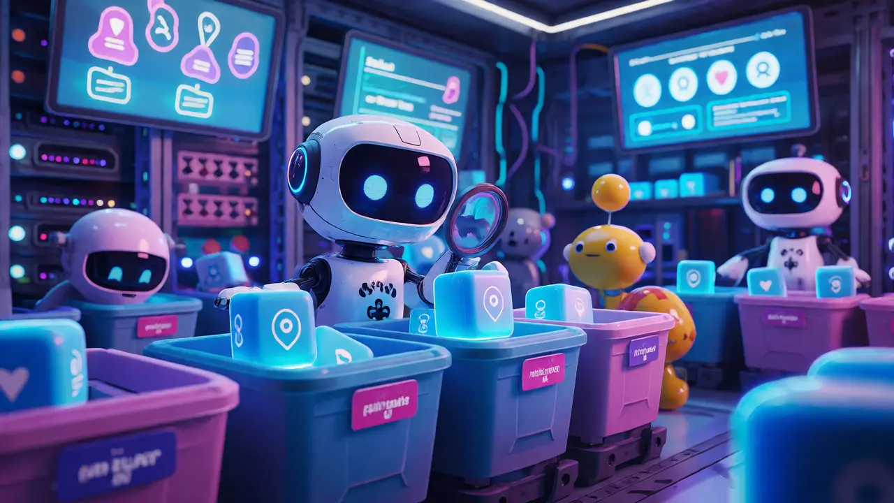 Cute robots sorting glowing data cubes in a futuristic server room, representing automated compliance tools.