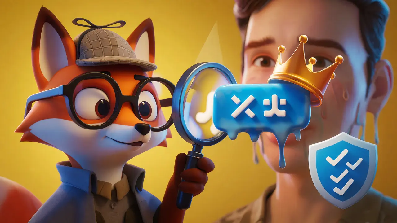 Detective mascot verifying suspicious link with magnifying glass
