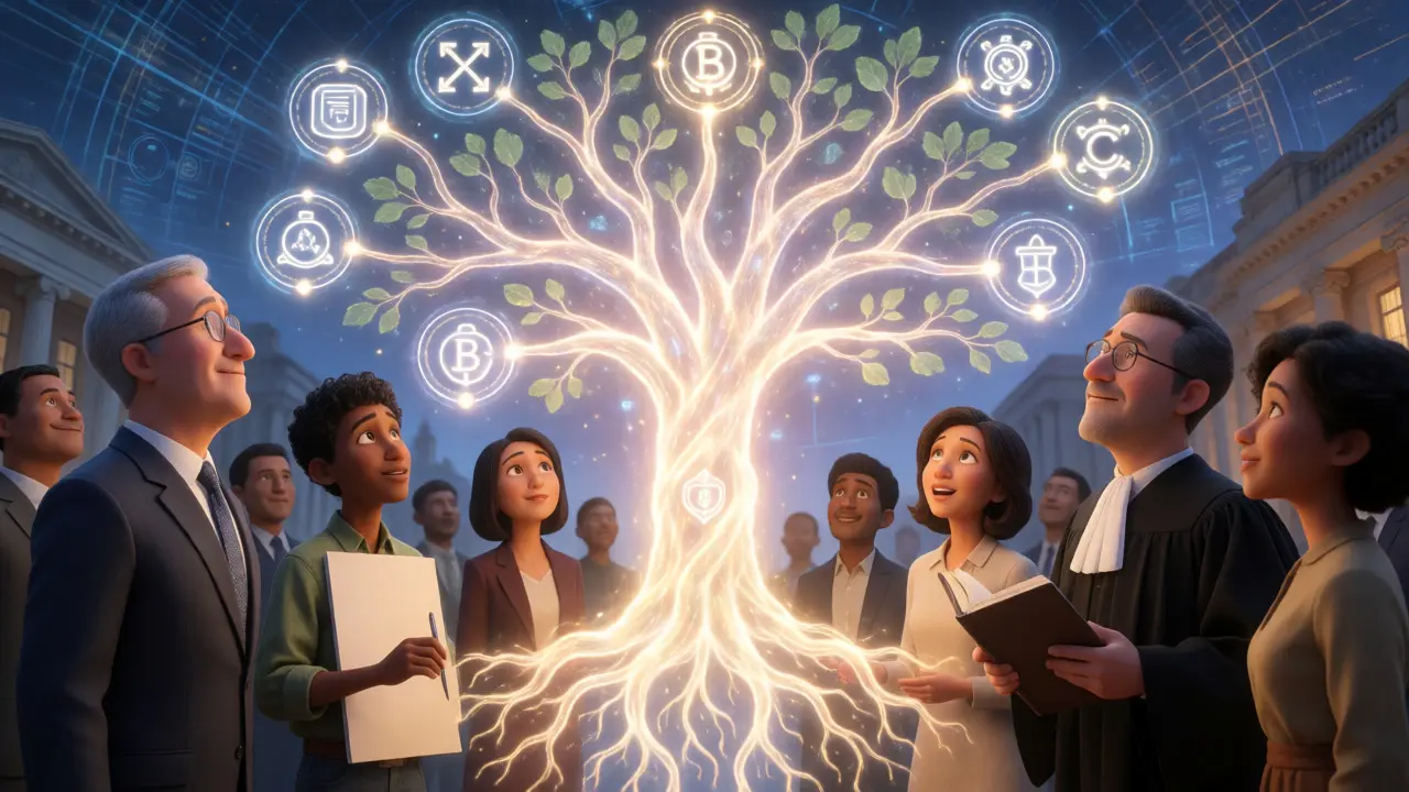 Diverse group observing a glowing blockchain tree connecting various IP rights.