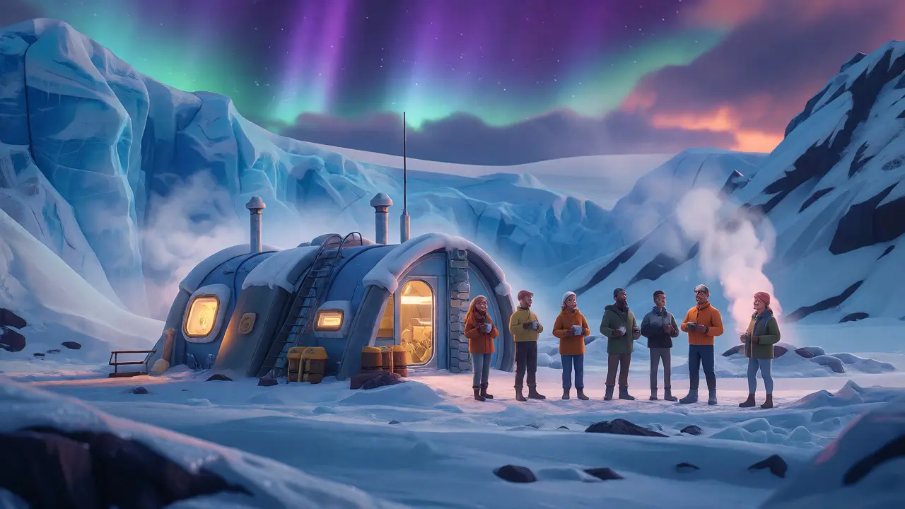 Eco-friendly Icelandic mining station amidst snow and aurora lights