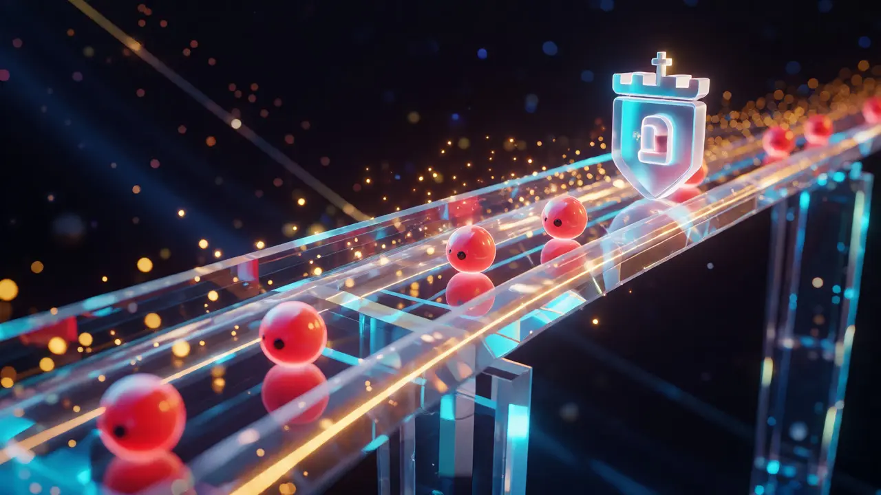 Glowing tokens traveling along a futuristic blockchain highway