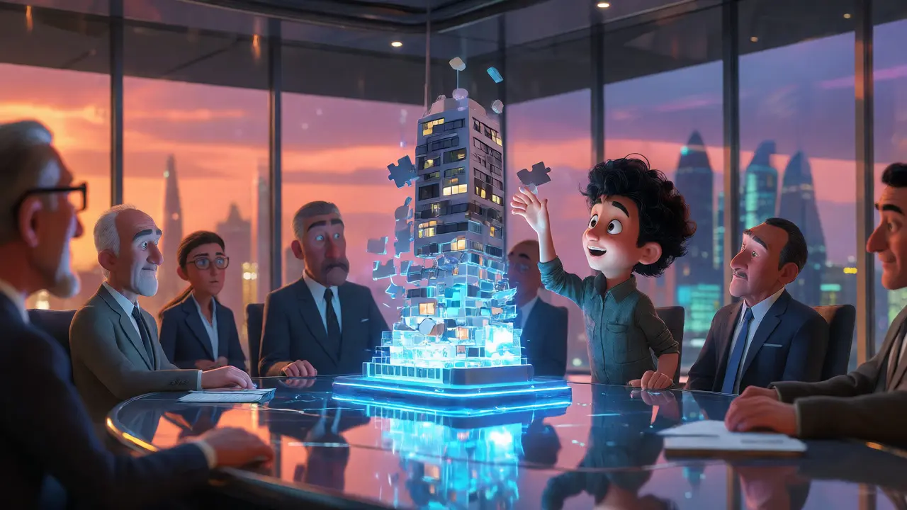 Holographic real estate tokenization displayed in a futuristic Doha boardroom.