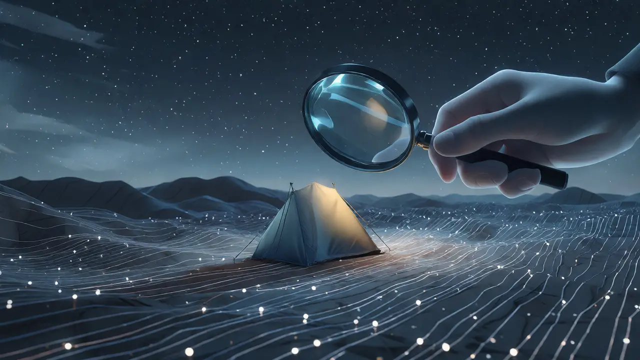 Isolated cartoon tent in a vast digital desert under a magnifying glass