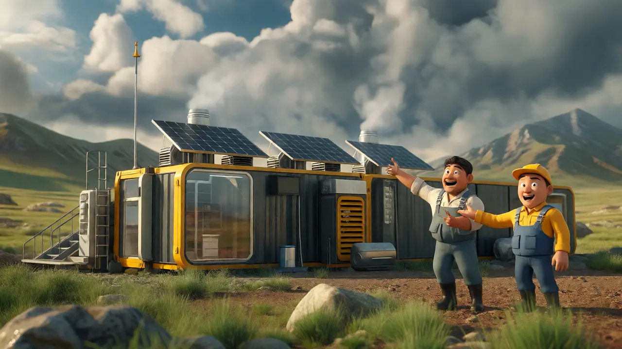 Kazakh mining farm in the steppe with an engineer and solar panels