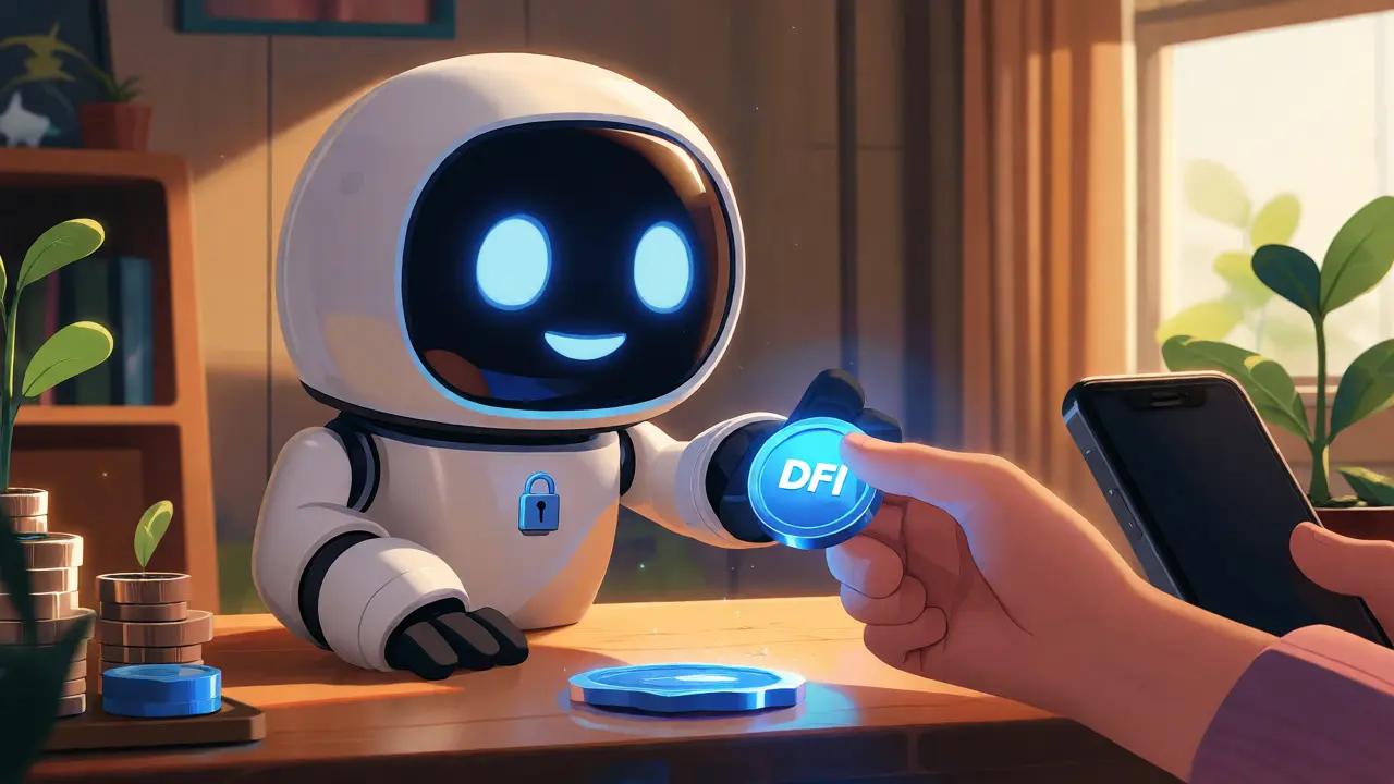 Robot handing a DFI token to a user with a smartphone in a bright, futuristic setting