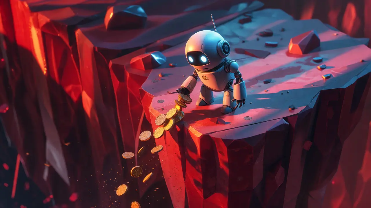 Sad cartoon robot watching AI tokens fall off a cliff into darkness