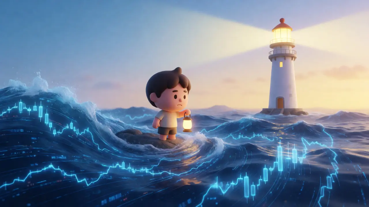 Small avatar navigating digital data waves towards a guiding lighthouse