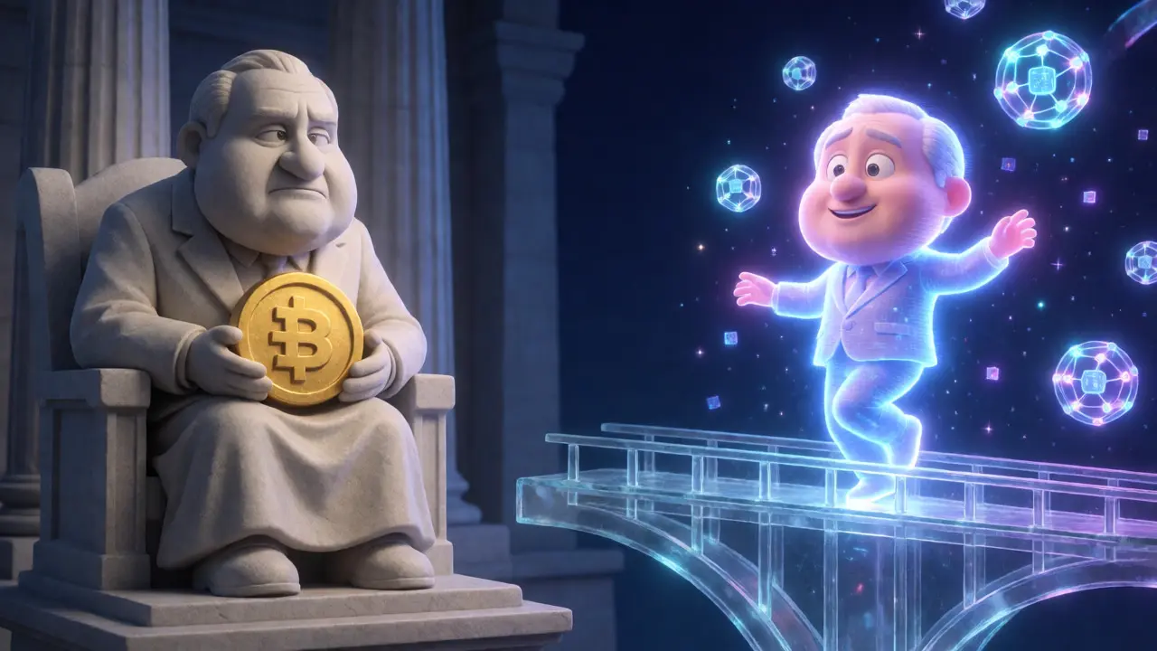 Split scene showing a stone banker statue next to a glowing holographic digital peso character.