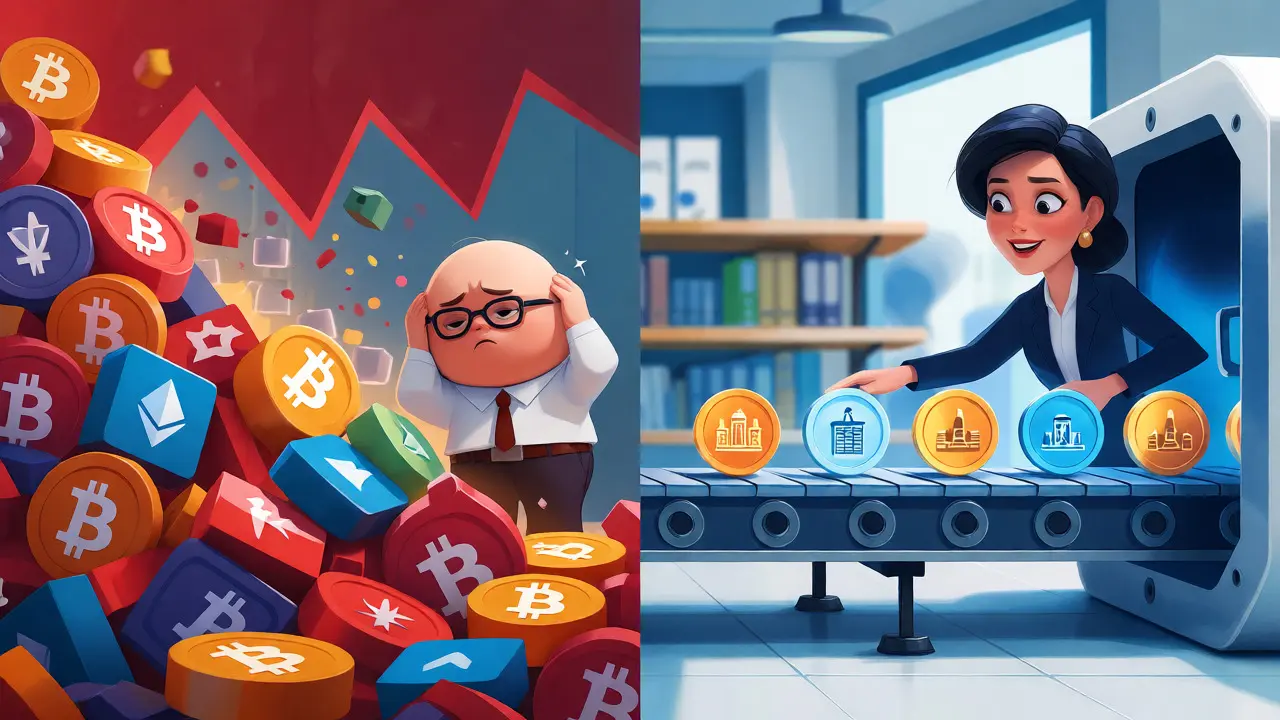 Split screen showing chaotic crypto versus stable tokenized assets in an office.