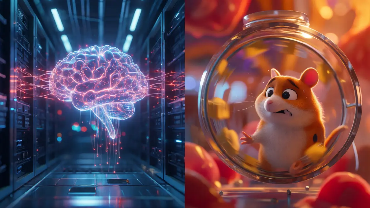 Split view of real AI vs hype hamster wheel
