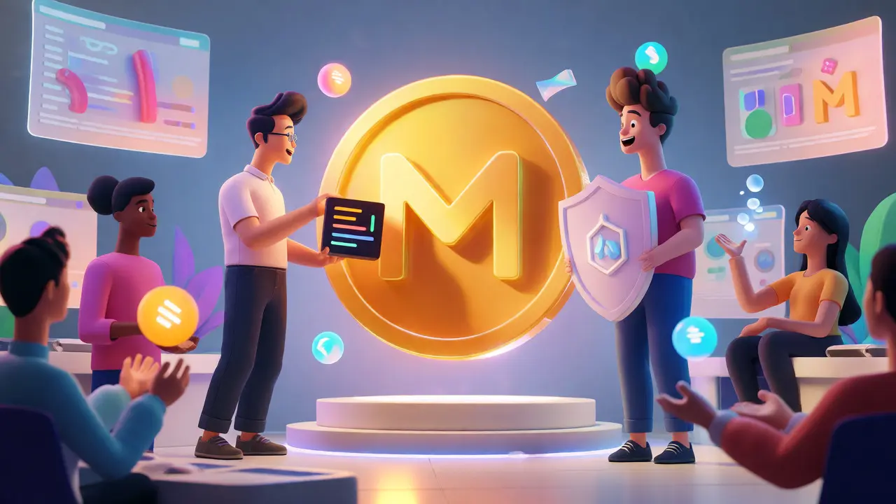 Stylized characters interacting with a golden M token emblem in a virtual workspace.