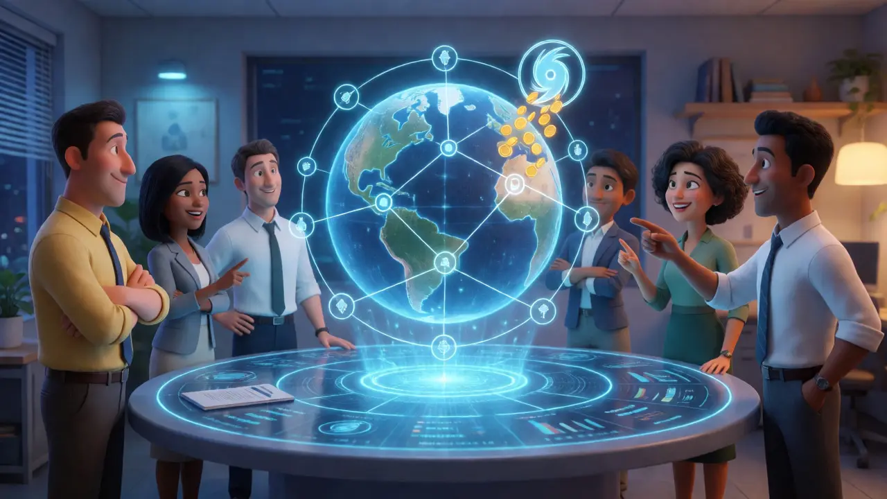 Team analyzing global reinsurance data on holographic display