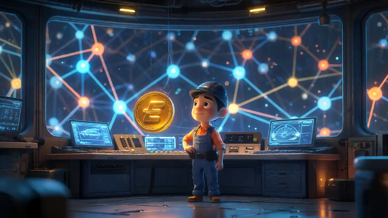 An engineer in a control room with a glowing token and a view of a connected digital network.