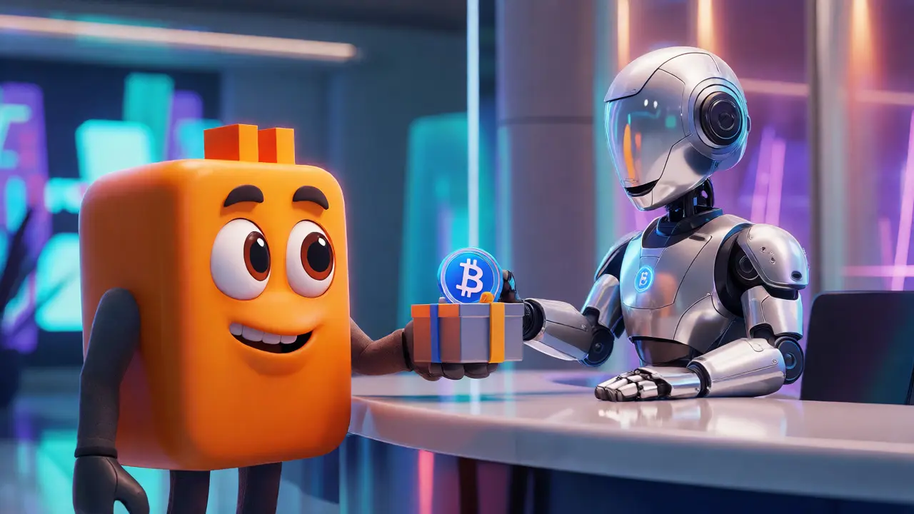 Bitcoin character exchanging coins for a wrapped token at a futuristic counter.