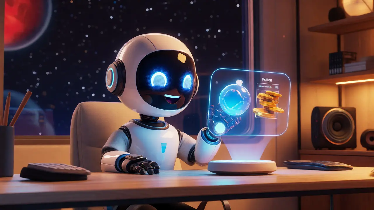 Cartoon avatar claiming potion and token rewards via hologram